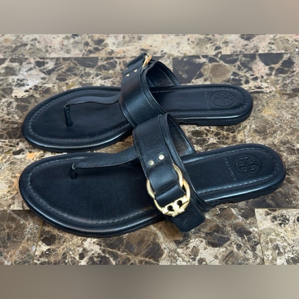 Tory Burch Marsden Black Flat Thong Sandals Gold Buckle